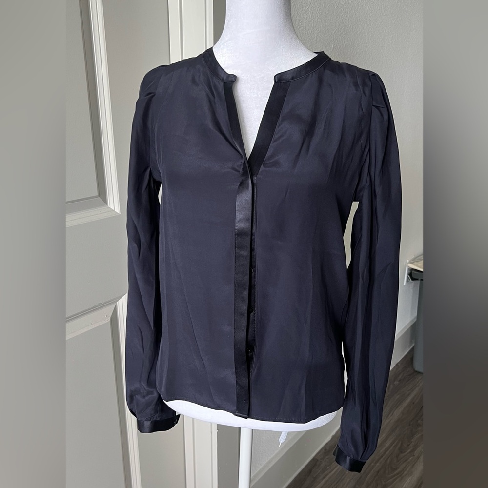 Maje Navy Blue Buttoned SILK  Blouse with Mandarin Collar